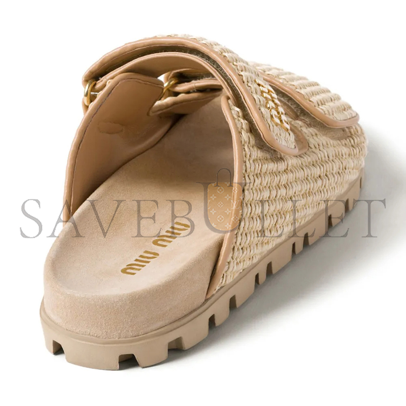 MIU MIU RAFFIA-EFFECT WOVEN FABRIC SLIDES 5XX636